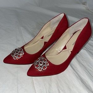 Womens Adrienne Vittadini Red Suede High Heels Sz 8M W/brooch Stilettos